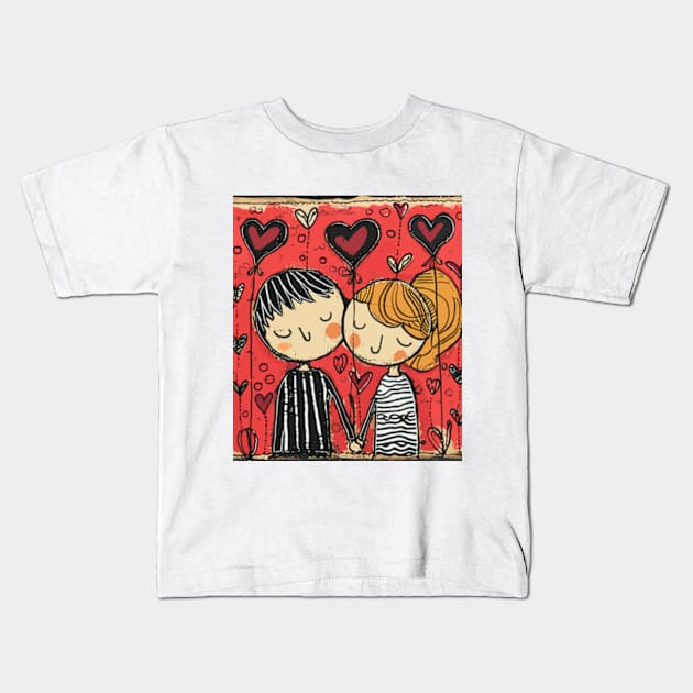 Lovely Couple 2024 Valentines Day Drawing Kids T-Shirt by peculiarbutcute